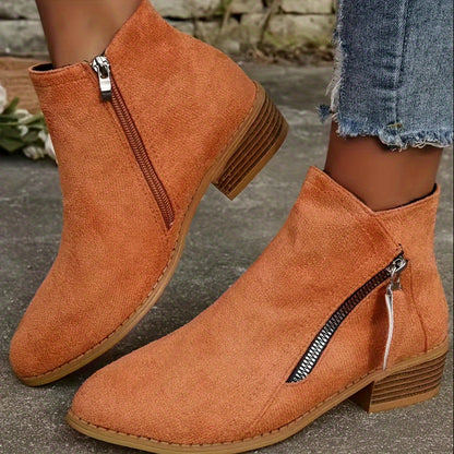 Womens Classic Low Heel Ankle Boots - Comfortable Side Zipper Shorties - Durable Stacked Heels for Casual Koningsdag Style