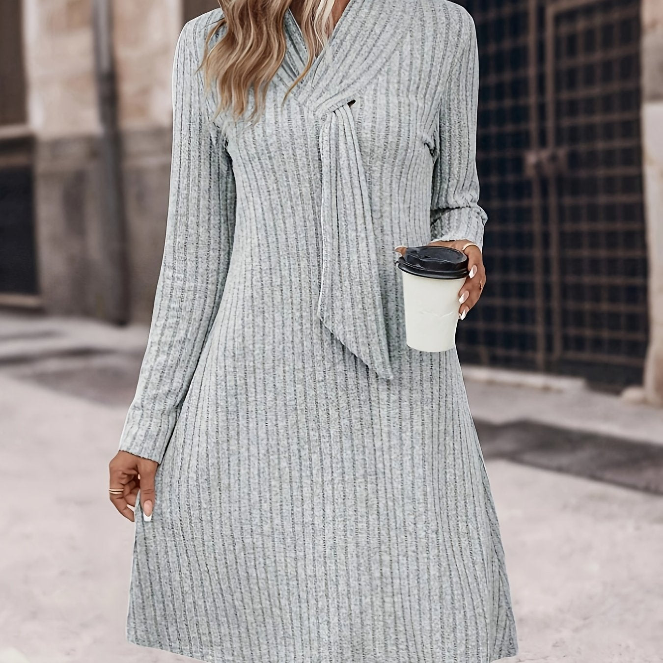 Elegant Aline Dress - Exquisite Solid Tie Decor, Flattering Long Sleeves, Slim-Fit Design, Versatile for Spring and Fall - Womens Clothing for a Sophisticated Look