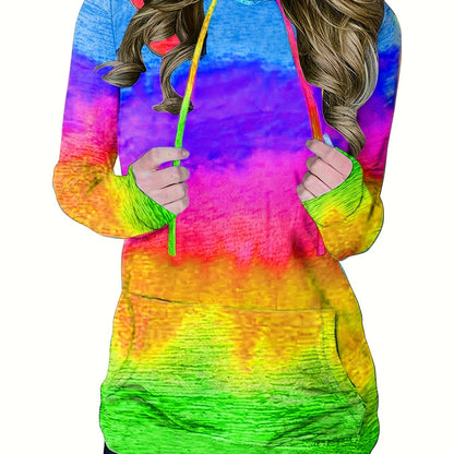 Ombre Kangaroo Pocket Hoodie, Casual Long Sleeve Drawstring Hoodies Sweatshirt, Women's Clothing