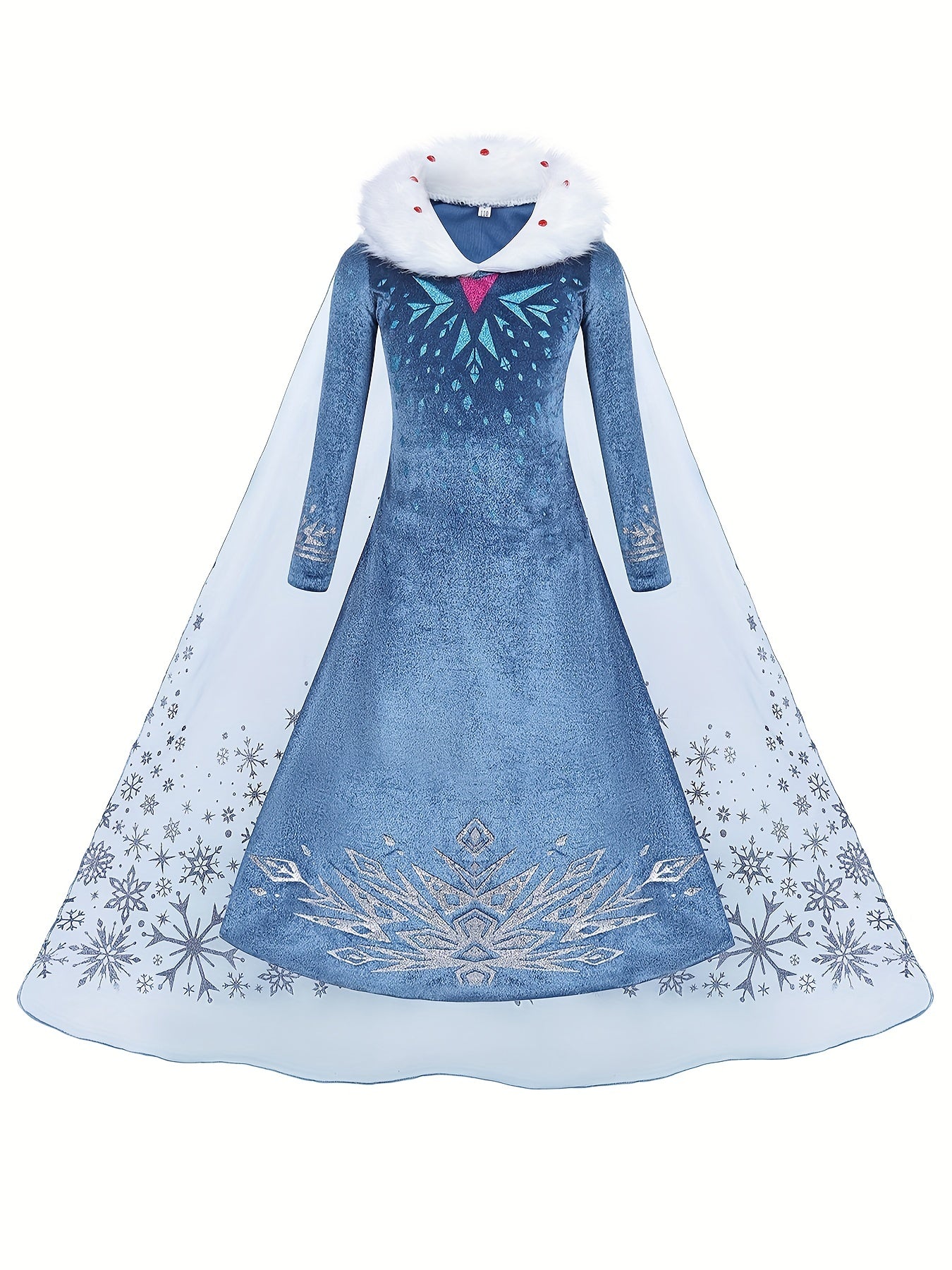 Girl's Princess Dress, Furry Collar Mesh Cape Snowflake Print Long Sleeve Dress, Ice Snow Queen For Halloween Holiday Party Prom Birthday Performance