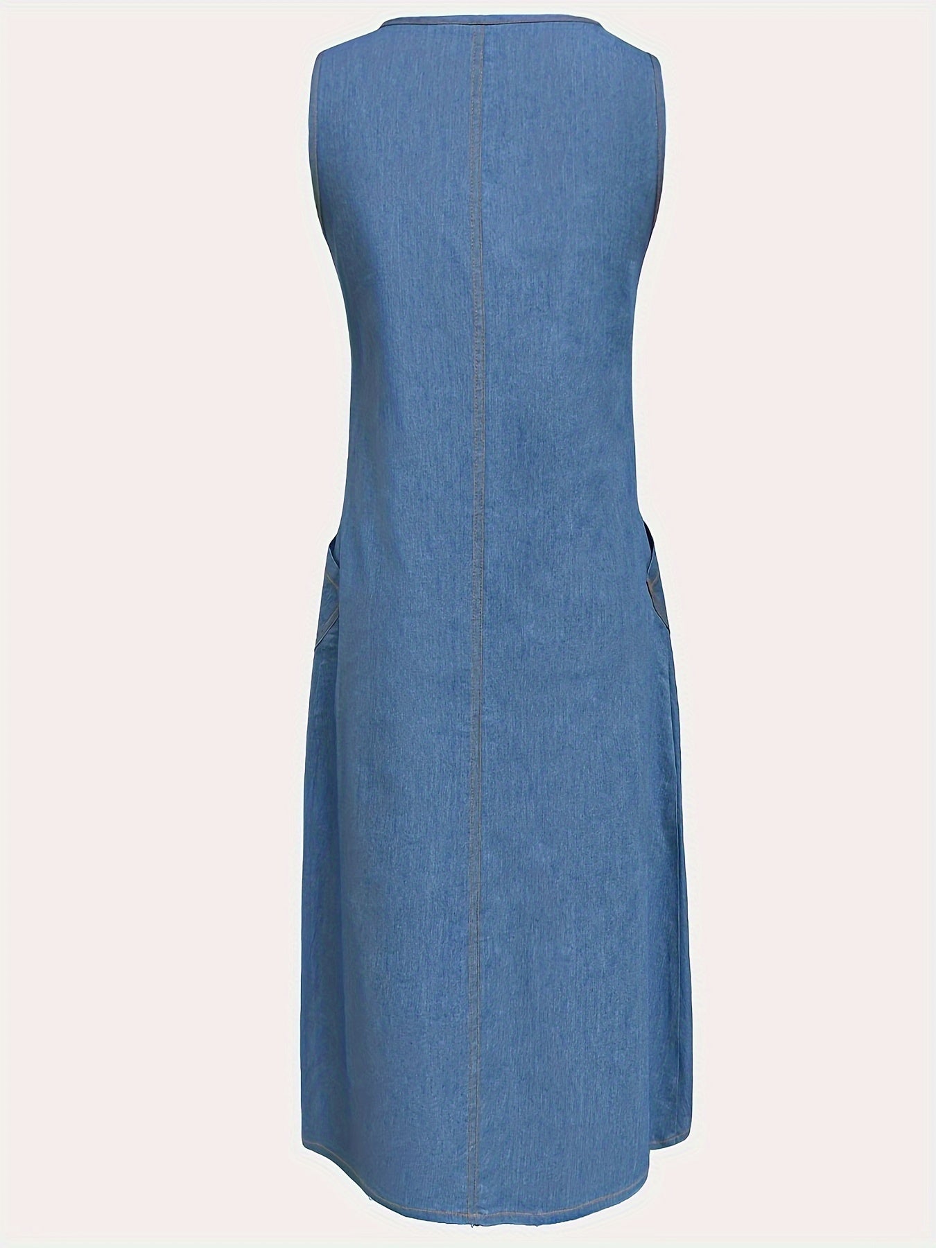 Plain Washed Blue Buttons Casual Style Patch Pocket Sleeveless Maxi Denim Dress, Women's Denim Jeans & Clothing