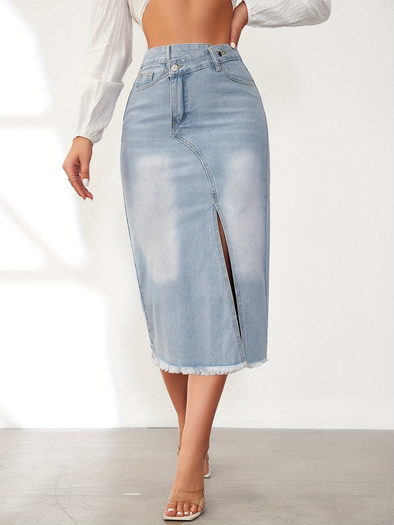 Raw Hem Split Stepped Waist Denim Skirt, Slash Pocket Asymmetric Casual Mini Denim Skirt, Women's Denim Jeans & Clothing