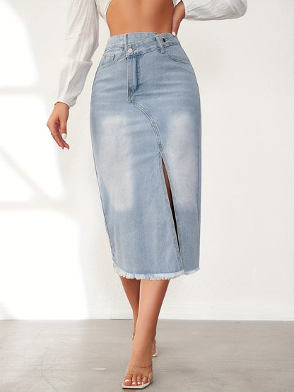 Raw Hem Split Stepped Waist Denim Skirt, Slash Pocket Asymmetric Casual Mini Denim Skirt, Women's Denim Jeans & Clothing