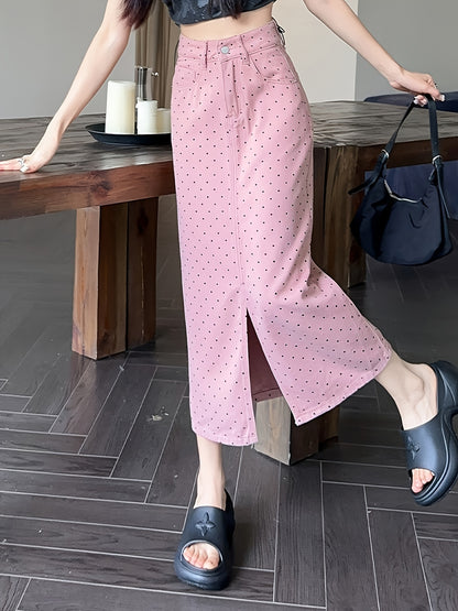 Pinkish Polka Dots High Waist Denim Skirt Women's Summer Fashion Design Split Hem Midi Denim Skirt