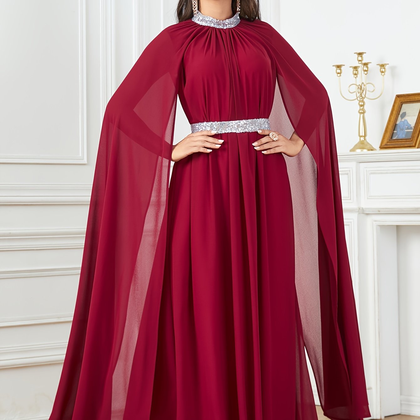 Long Sleeve Crew Neck Maxi Abaya Dress - Elegant Solid Color Block Design, Split Sleeve, Contrast Sequin Details, Non-Stretch Polyester Fabric, Belted, Middle East Style, Ideal for All Seasons