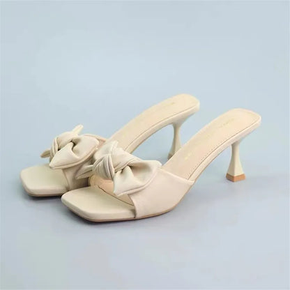 Bow Slippers Summer Open-Toed Slippers High-Heeled Sandals With Thin Heels Outdoor Mid-Heel Flip-Flops