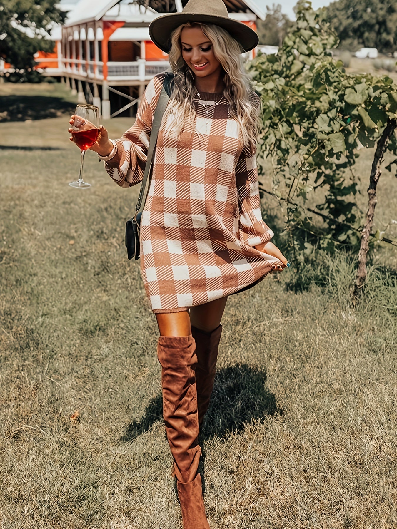 Cozy Chic Plaid Print Sweater Dress - Women's Casual Crew Neck Long Sleeve Dresses for Autumn Winter - Soft, Warm, and Comfortable Clothing for Ladies