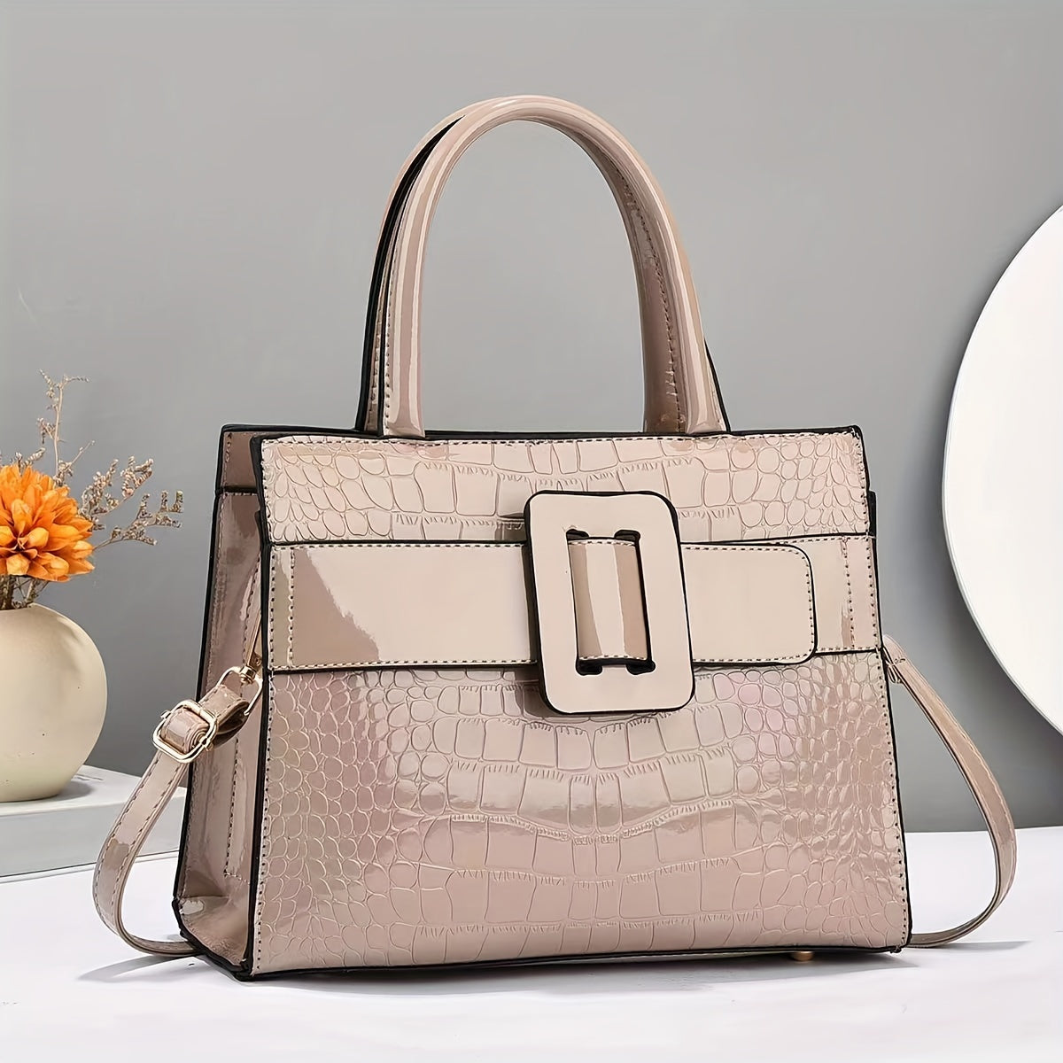 Chic Crocodile-Embossed Handbag with Secure Buckle - Versatile & Spacious for All Occasions