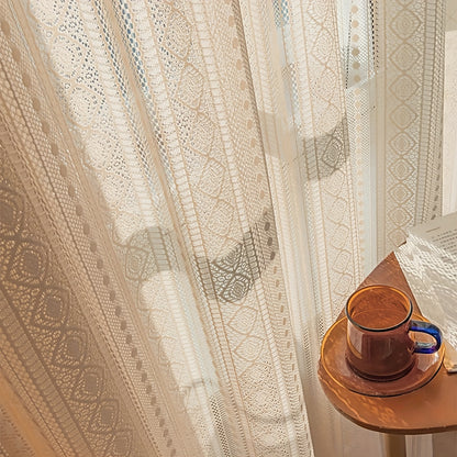 1-Panel Japanese Style Hollow Striped Sheer Curtain - Exquisite Crochet Style Argyle Pattern Design with Delicate Textures, Rod Pocket Curtain for Easy Installation and Smooth Sliding, Simple yet Elegant Design - Perfect for Adding a Touch of Elegance to