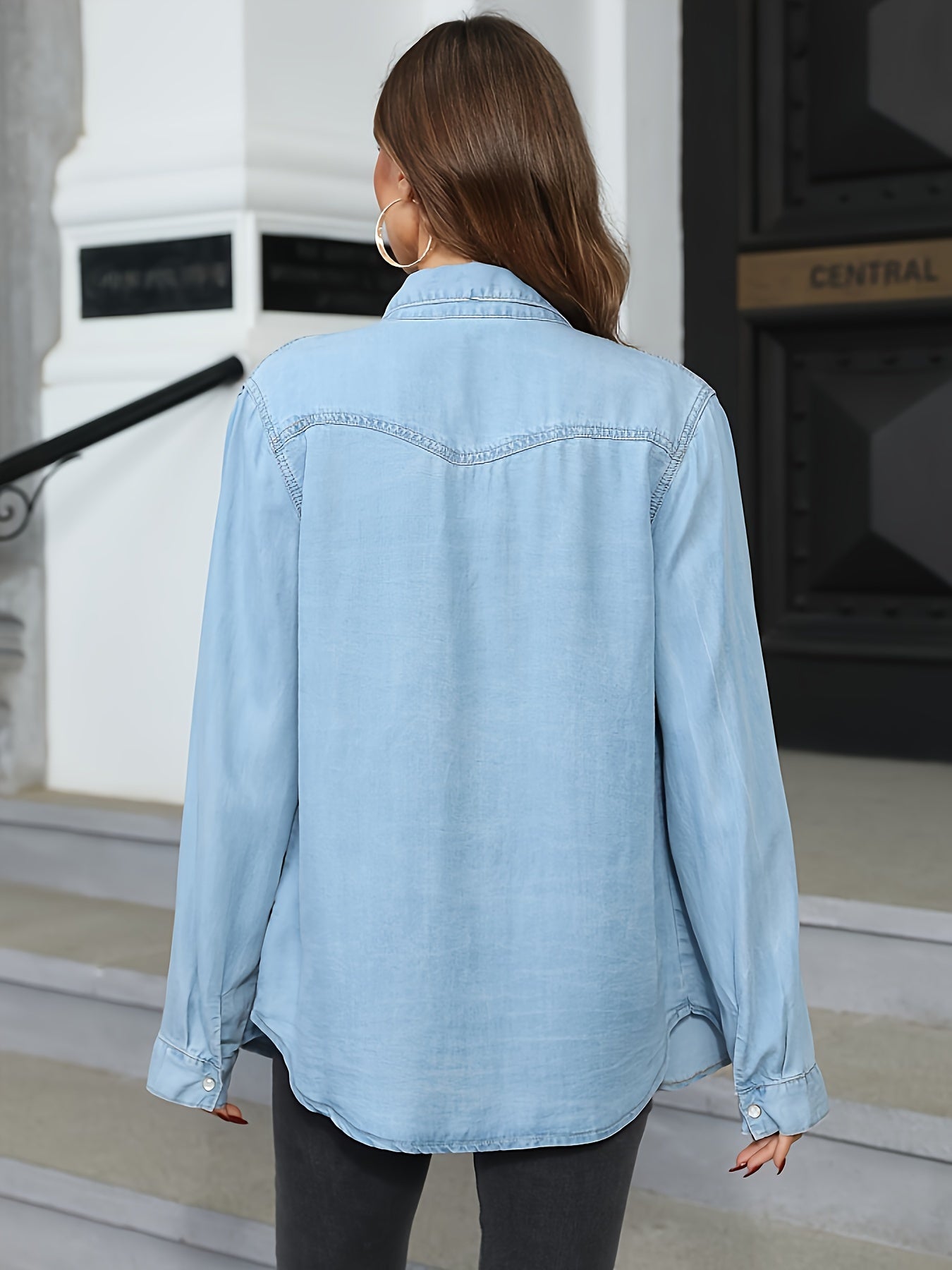 Loose Fit Plain Washed Blue Button Up Elegant Denim Shirts Top, Women's Denim Jeans & Clothing