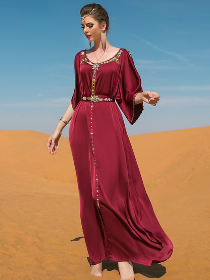 Glittering Rhinestoned Ramadan Abayas - Crew Neck Belted Maxi Dress with Split Cut Out Flare Sleeves - Perfect for Elegant Party Wear