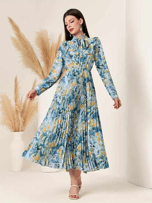 Vibrant Floral Print Tie Neck A-Line Swing Dress - Elegant Long Sleeve Pleated Design, Soft Fabric, Comfortable Fit, Perfect for Spring & Fall, Women's Clothing, Occasional Wear