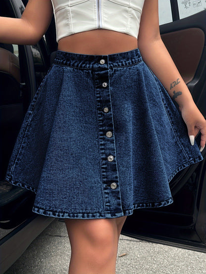 One High-Rise Mini Single-Breasted Plain Washed Blue Denim Skirt for Women - Classic Jeans Style Clothing