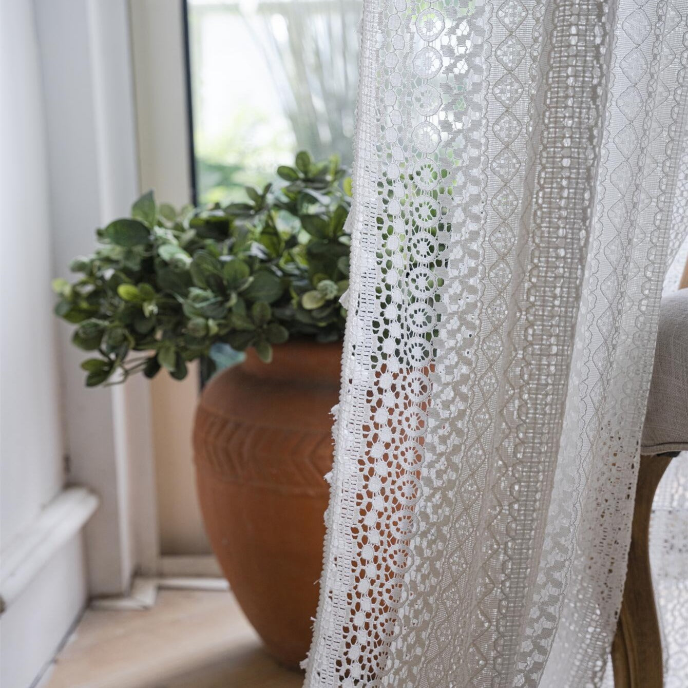 1 Panel Boho Style Semi-transparent Hollow Curtain With White Fringe Bedroom Living Room Kitchen Dining Room Balcony Decor, 3inch Rod Bag