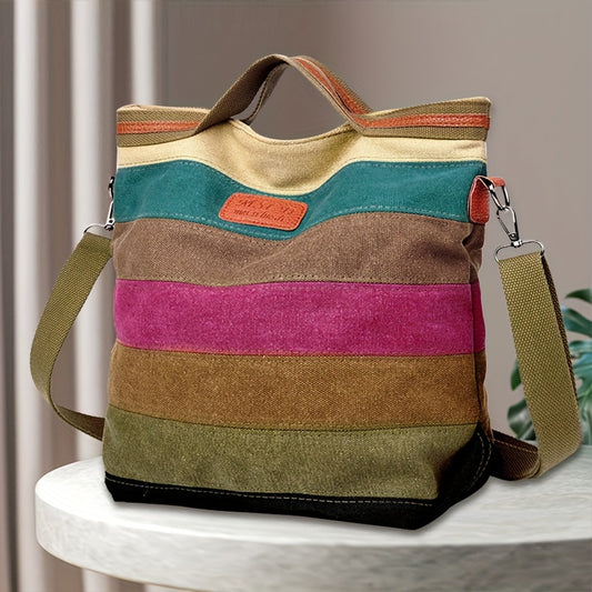 Spacious Vintage Canvas Bag for Women: Chic Striped Stitching, Versatile Tote/Crossbody Design with Drawstring Closure