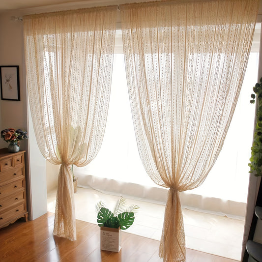 1-Panel Japanese Style Hollow Striped Sheer Curtain - Exquisite Crochet Style Argyle Pattern Design with Delicate Textures, Rod Pocket Curtain for Easy Installation and Smooth Sliding, Simple yet Elegant Design - Perfect for Adding a Touch of Elegance to