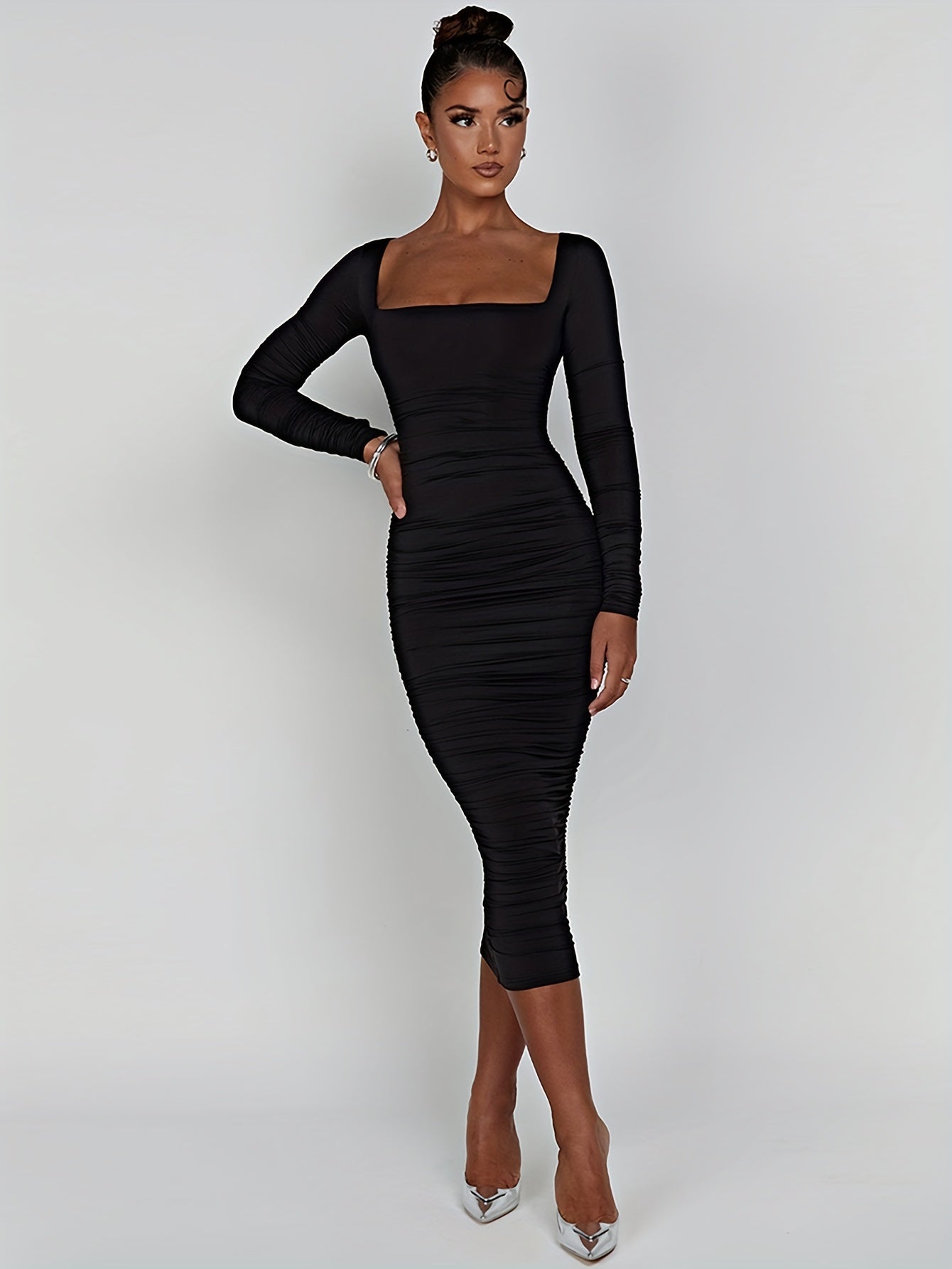 Chic Square Neck Ruched Dress - Flattering Long Sleeves, Figure-Sculpting Bodycon - Timeless Solid Color, Womens Fashion Staple