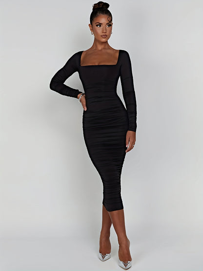 Chic Square Neck Ruched Dress - Flattering Long Sleeves, Figure-Sculpting Bodycon - Timeless Solid Color, Womens Fashion Staple