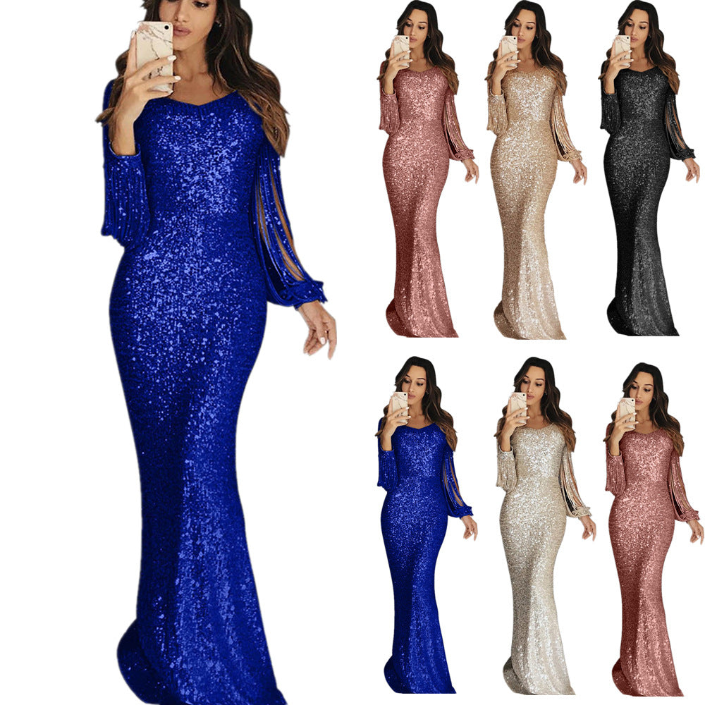 IKEARLAX Wish  Women's  Cross Border Long Dress Evening Gown Long Sleeve Tassel Dinner Party Dress