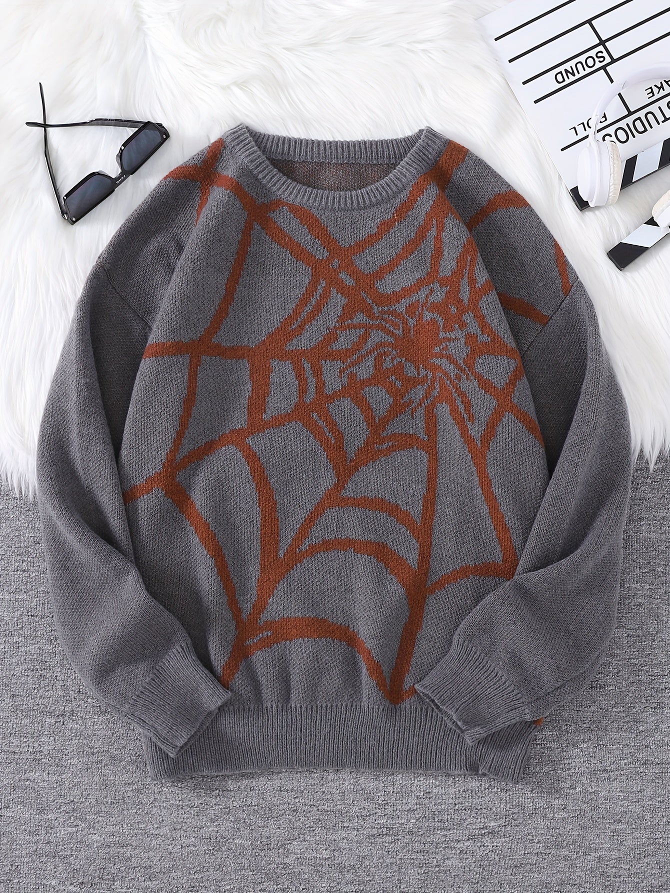 Stylish Spider Web Pattern Crew Neck Sweater - Men's Long Sleeve Knitted Pullover Top for Casual Daily Wear, Spring Autumn and Winter - Soft, Warm, and Comfortable