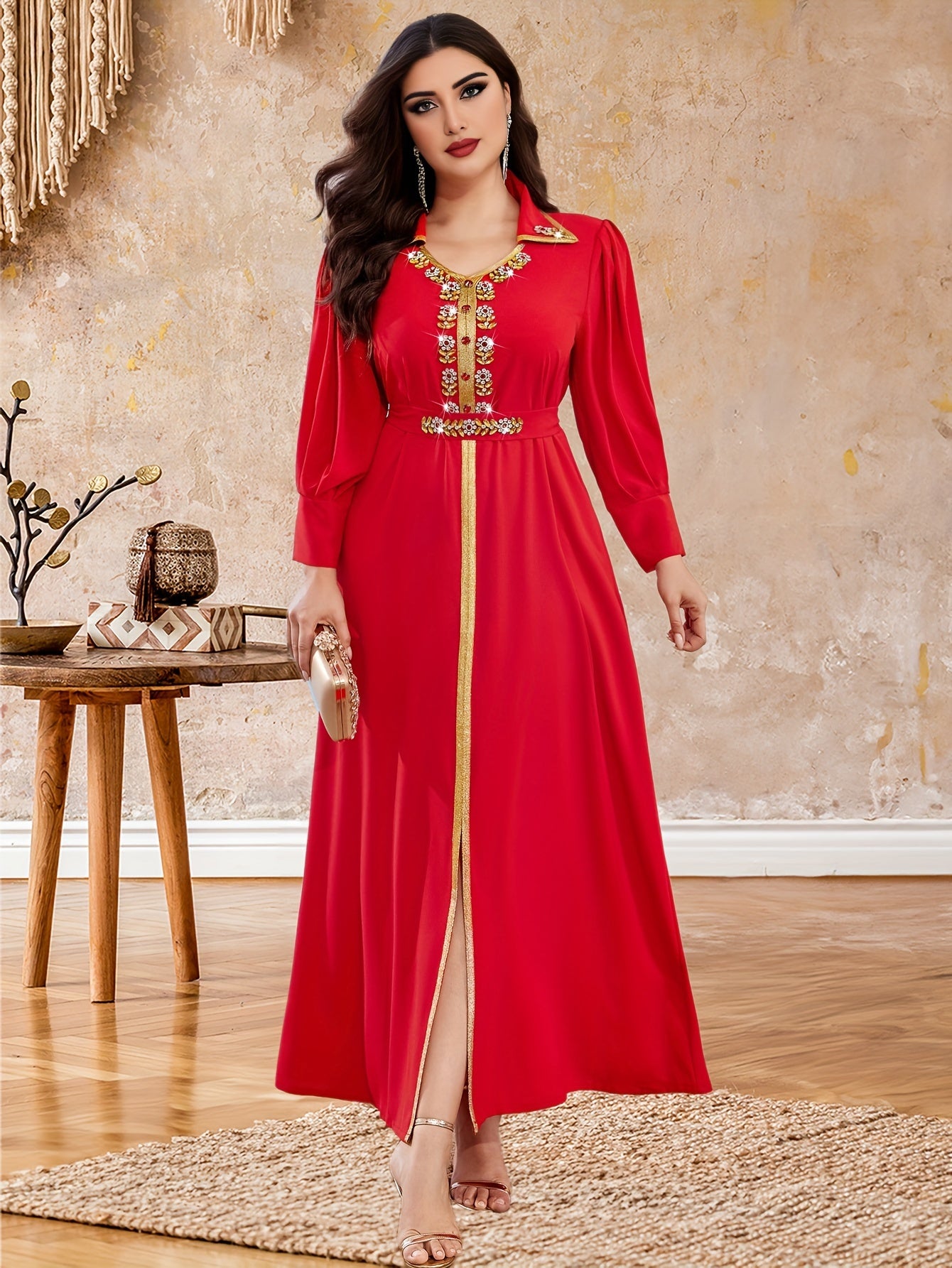 Glamorous Rhinestone V Neck Kaftan Maxi Dress - Sparkling Long Sleeve Split Design - Elegant Evening Wear for Women