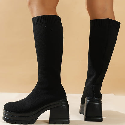 Women's Solid Color Trendy Boots, Pull On Platform Soft Sole Knitted Chunky Heels, High Knee Slim Stretch Winter Boots