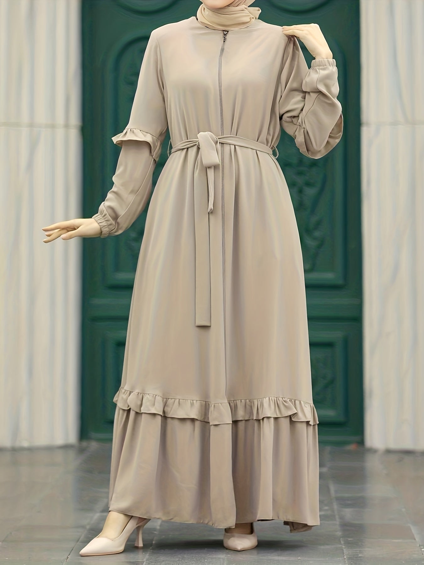 Elegant Modest Maxi Kaftan Dress - Long Sleeve, Tie-Waist with Chain Detail, Zip-Front, Durable All-Season Women's Fashion