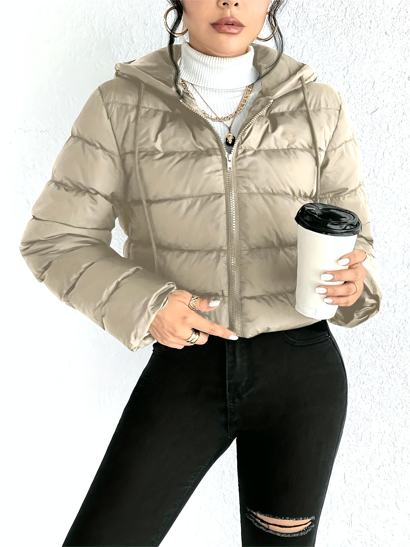 Cozy Women's Long Sleeve Zip-up Hoodie Puffy Coat for Fall & Winter, Casual Insulated Drawstring Coat with Soft Fleece Lining