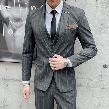 IKEARLAX  Striped Suit Men's Three-Piece Korean Style Small Suit Professional Business Suit Best Man Groom Wedding Suit