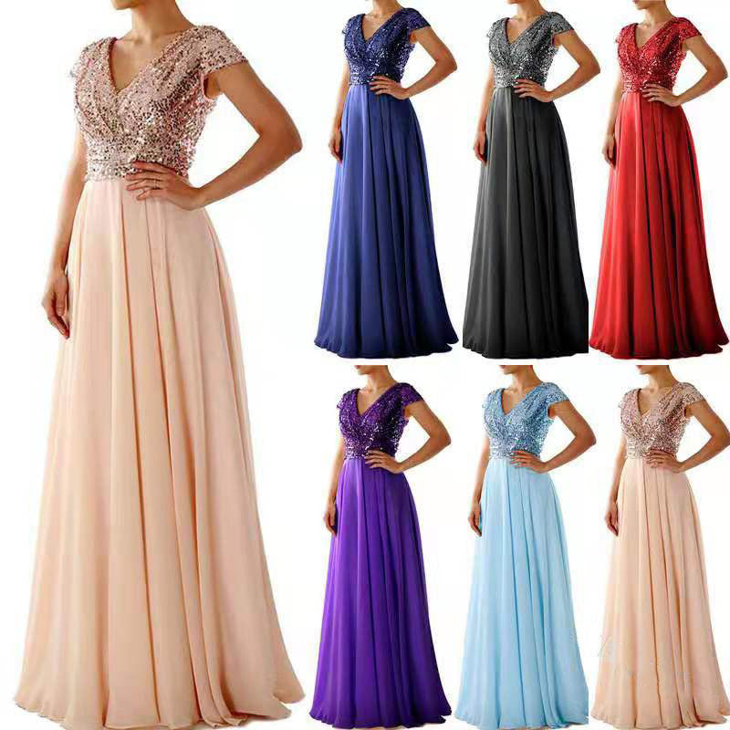 IKEARLAX  2021 Summer European and American New Foreign Trade Chiffon Dress V-neck Sequins Solid Color Stitching Evening Long Dress