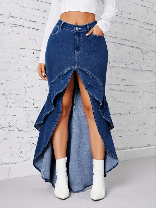 Chic Ruffle-Trimmed Midi Denim Skirt with High-Waist Split Hem - Stretchy Cotton Blend, Non-Sheer, Machine Washable - Perfect for Spring/Summer/Fall Parties & Casual Wear