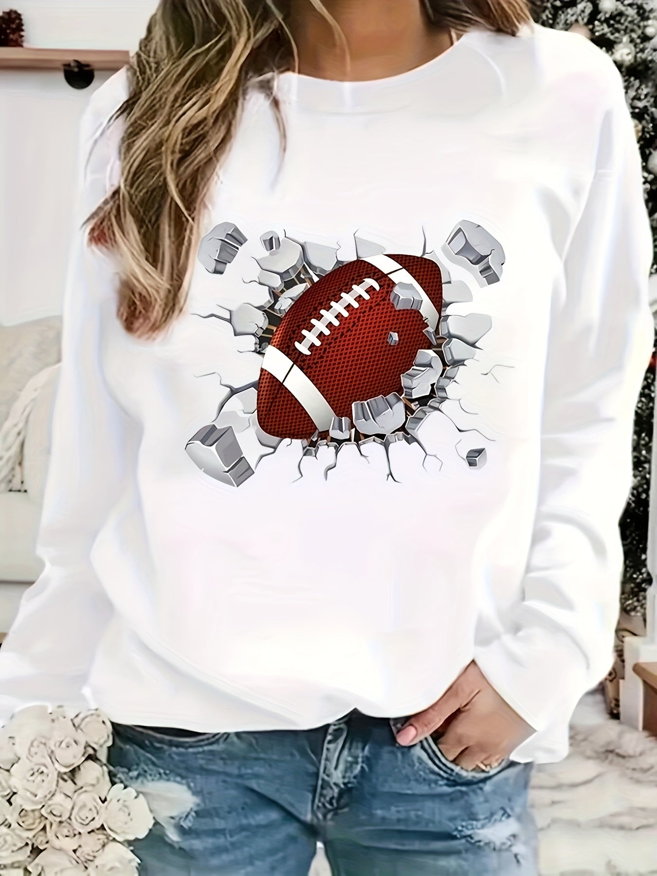 Football Print Sweatshirt, Casual Crew Neck Long Sleeve Sweatshirt, Women's Clothing