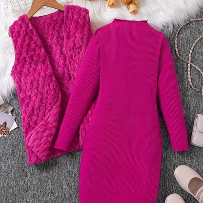 2-Piece Stylish Girls' Winter Outfit Set - Fleece Vest Jacket + Long Sleeve Knit Dress - Cozy Fall Clothing, Fashionable Girl's Bundle for Cold Weather