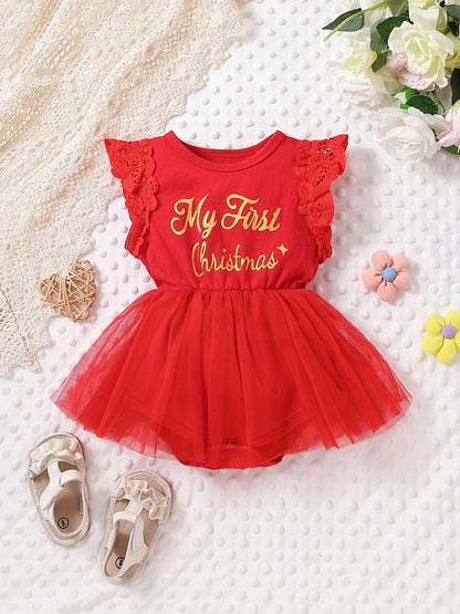 Baby Girls Cute MY FIRST CHRISMAS Letter Print Lace Flying Sleeve Dress Princess Mesh Skirt For Christmas Party And Outdoor Wear