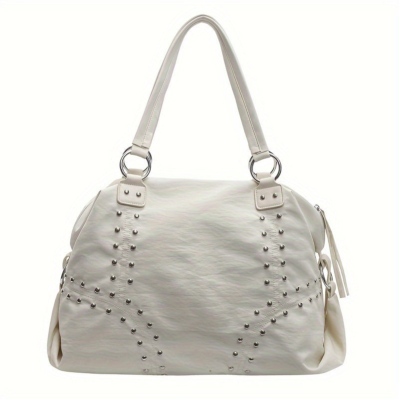 Nylon Tote Bag with Studded Detailing, Casual Large Capacity Shoulder Bag for Work and Everyday Use, Zippered Closure with Fixed Shoulder Straps, Polyester Lined - Baigou, Available in White, Black, Green, Coffee