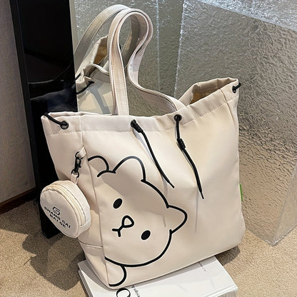 Adorable Cartoon Bear Canvas Tote Bag - Stylish & Durable Shoulder Bag with Matching Mini Coin Purse for Everyday Chic