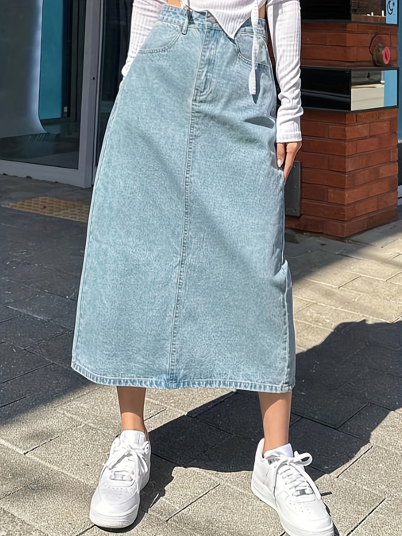 High Rise Split Hem A-Line Denim Skirt, Versatile Washed Blue Women's Jeans & Clothing, Plain Back Design