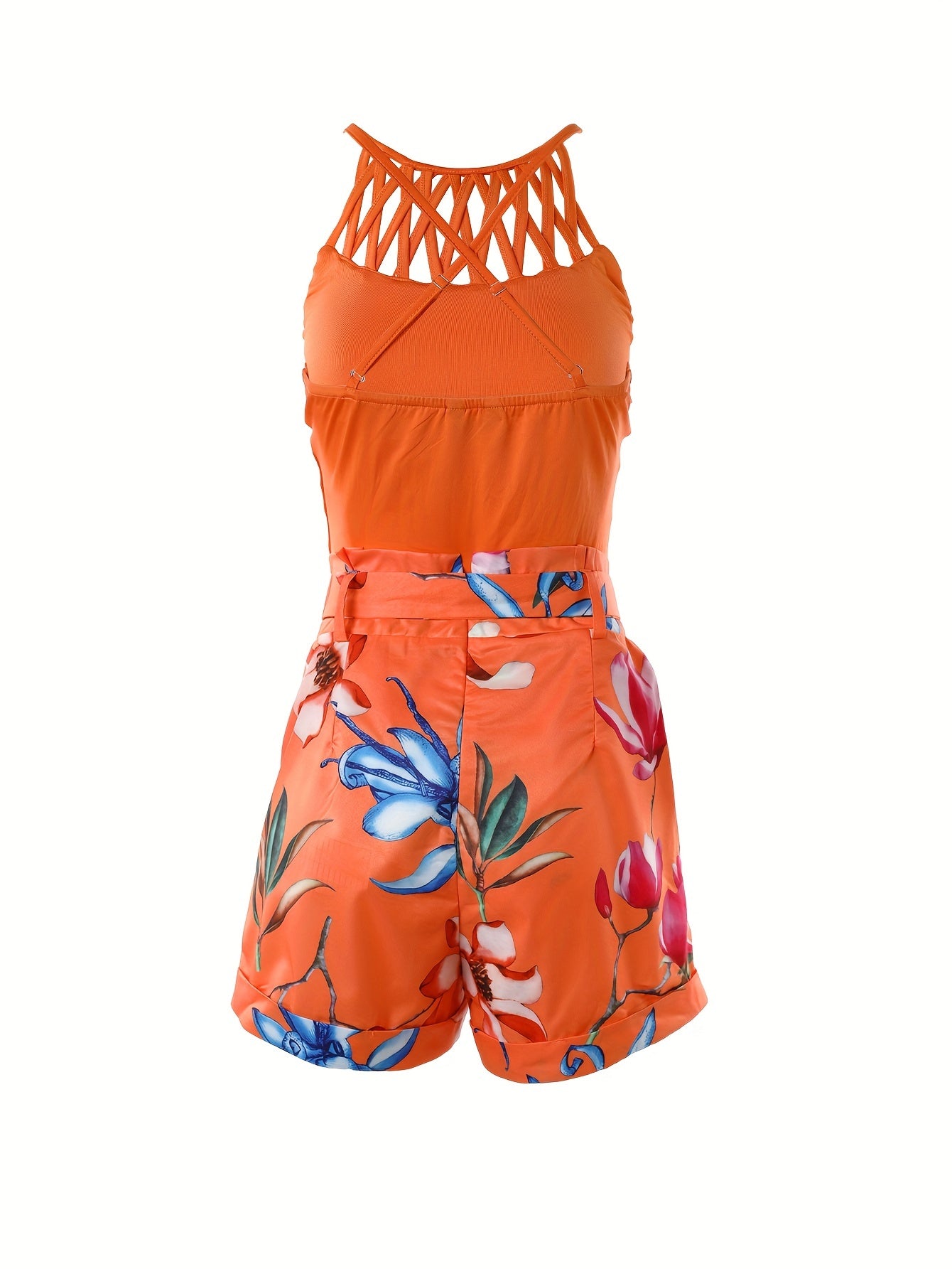 Casual Two-piece Set, Solid Cut Out Cross Back Top & Floral Print Belted Shorts, Women's Clothing