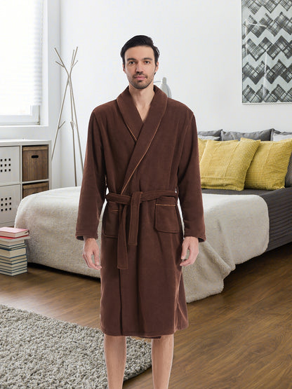 Men's Comfy Plain Color Robe For Home Pajamas Wear Night-robe Sets After Bath