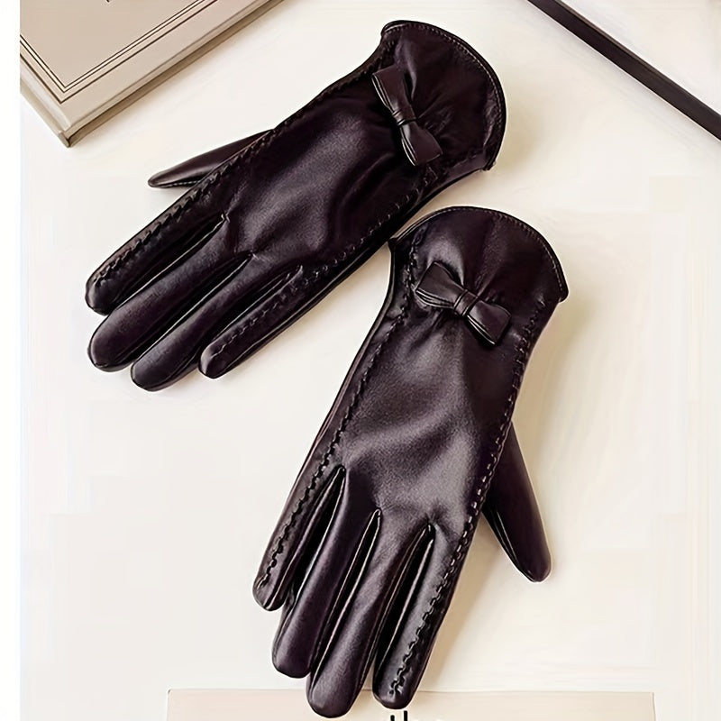 1PC Premium Faux Sheepskin PU Leather Gloves - Water-Resistant, Windproof, Warm Lining, Full Finger Touch Screen, Embroidery and Weave Details for Outdoor Cycling, Weekend Casual - Inelastic, Hand Washable, Cold Weather Protection