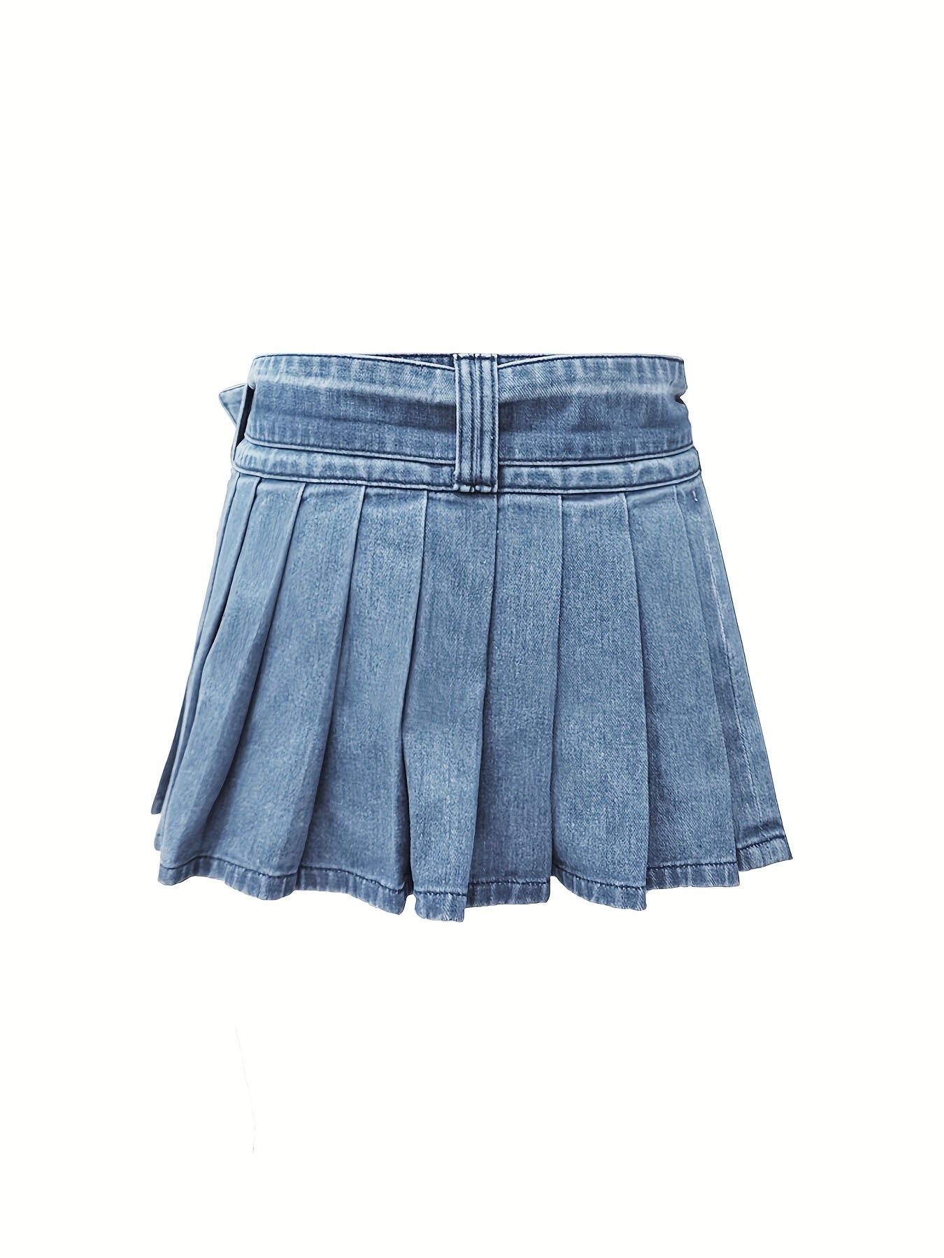 Mini Denim Skirt - Adjustable, Pleated, Washed Blue, Plain Design, Women's Denim Jeans & Clothing, Perfect for Casual Daily Wear