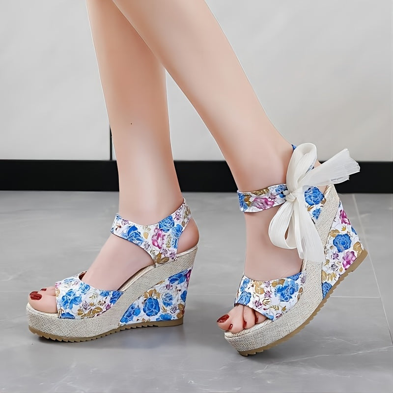 Chic Floral Print Wedge Sandals - Stylish Peep Toe with Bow Accent - Adjustable Slingback Platform Heels for All-Match Outdoor Fashion