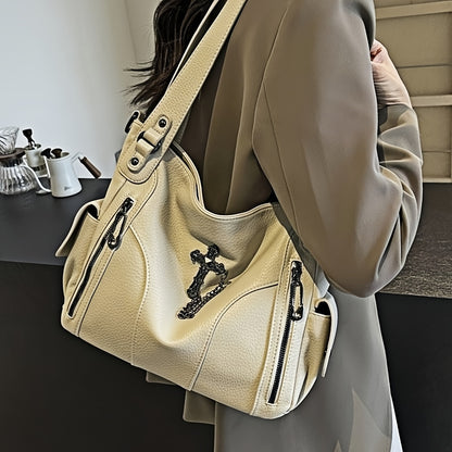 Chic Vintage-Inspired Women's Shoulder Bag with Cross Accent - Faux Leather, Detachable Strap, Zip Closure - Available in Deep Brown, White, Black