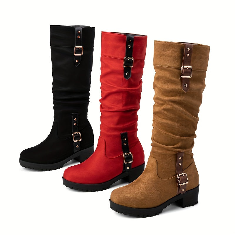 Chic Womens Slouchy Knee High Boots - Solid Color Round Toe with Buckle Strap - Pull-On Comfortable Chunky Heeled Long Boots