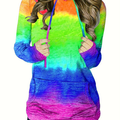 Ombre Kangaroo Pocket Hoodie, Casual Long Sleeve Drawstring Hoodies Sweatshirt, Women's Clothing