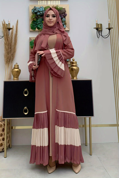 Elegant Long Sleeve Maxi Abaya Dress - Soft Polyester Fabric, Micro Elasticity, Machine Washable, Solid Color, Spring/Summer/Fall Wear, Frill Details - Womens Elegant Clothing for Special Occasions