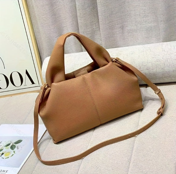 Elegant Camel PU Satchel Handbag with Adjustable Strap, Solid Color, Polyester Lined, Zip Closure - Fashion Shoulder/Crossbody Cloud Bag from Guangzhou