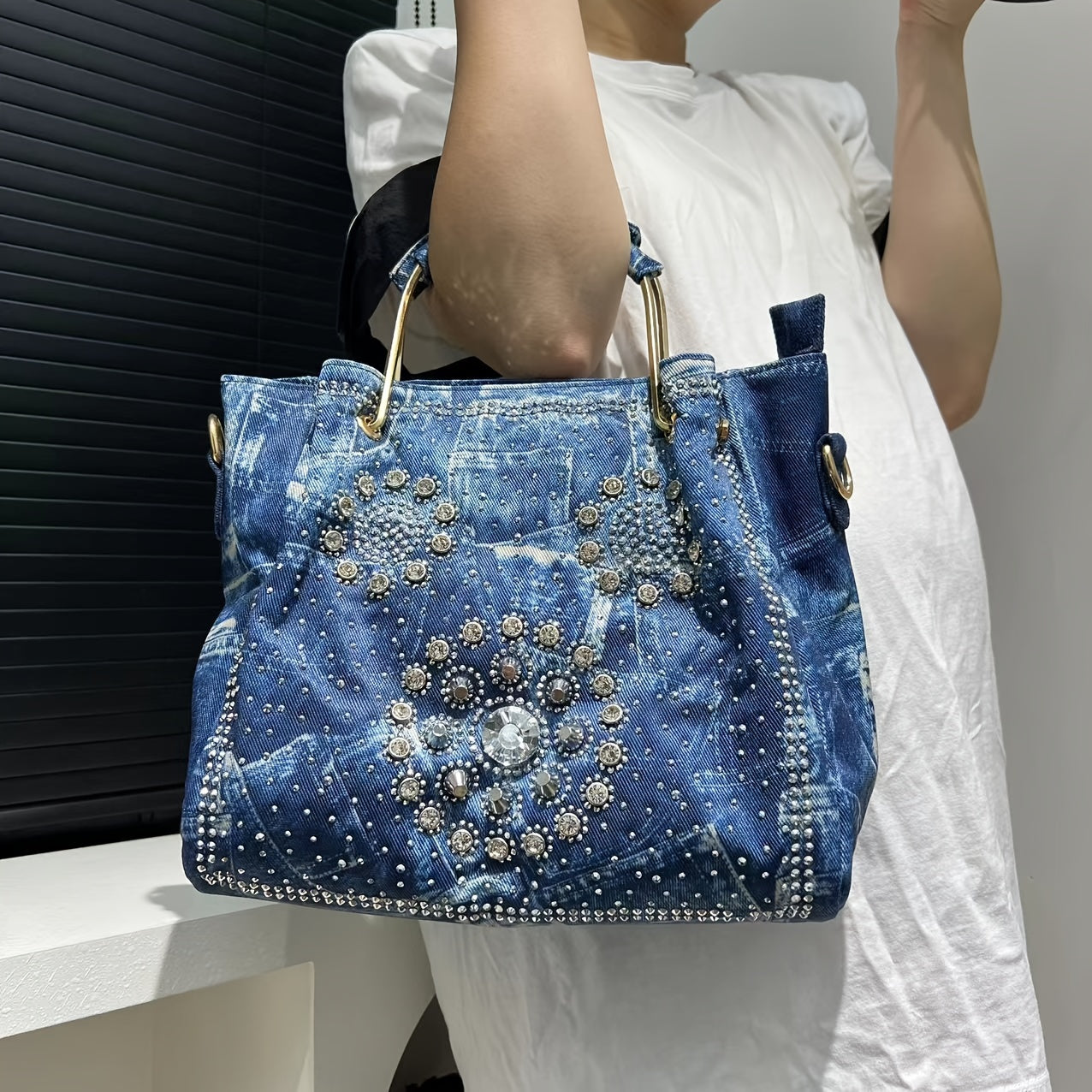 Elegant Denim Tote Bag with Sparkling Rhinestone Accents, Large Capacity Shoulder Handbag for Women - Detachable Strap