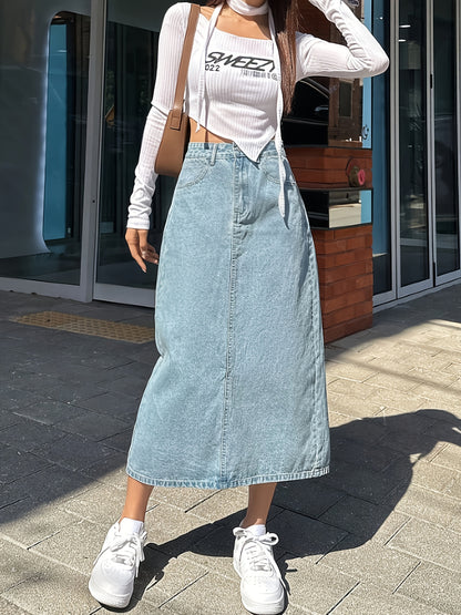 High Rise Split Hem A-Line Denim Skirt, Versatile Washed Blue Women's Jeans & Clothing, Plain Back Design