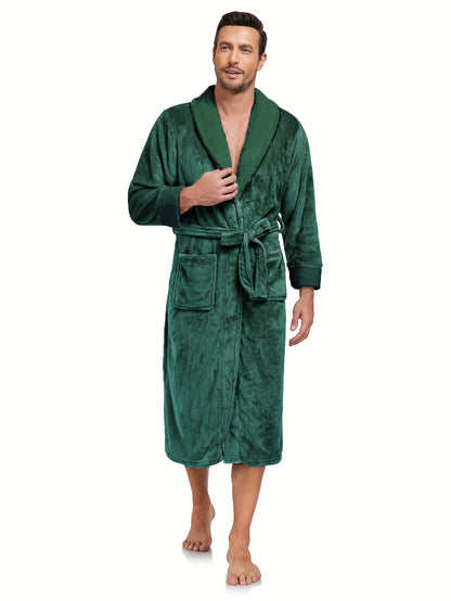 Cozy Fleece Hooded Sleep Robe for Men - Elegant Contrast Color Design, Soft and Warm Pajama Set with Long Sleeve, Two Side Pockets, and Adjustable Belt - Perfect for Relaxation and Lounging